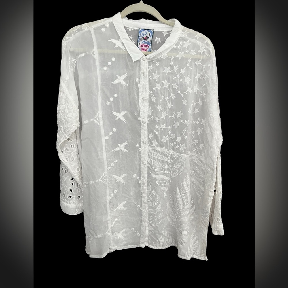 JOHNNY WAS Rochelle white button up shirt cut out embroidered birds stars boho